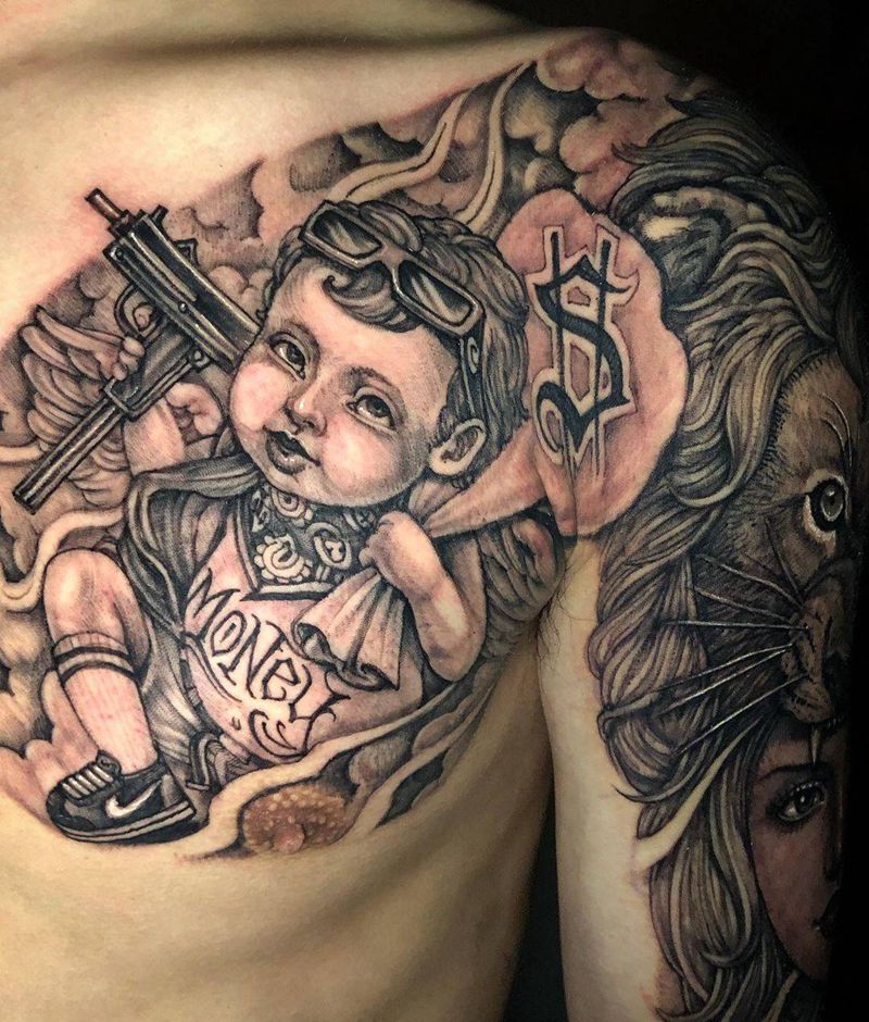 半甲纹身图片_胸部手臂纹身图案