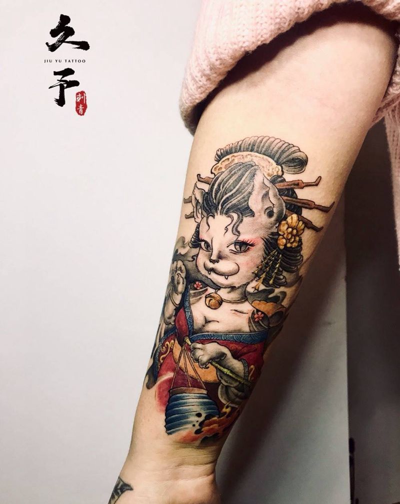 猫艺妓纹身图片_手臂新传统纹身图案