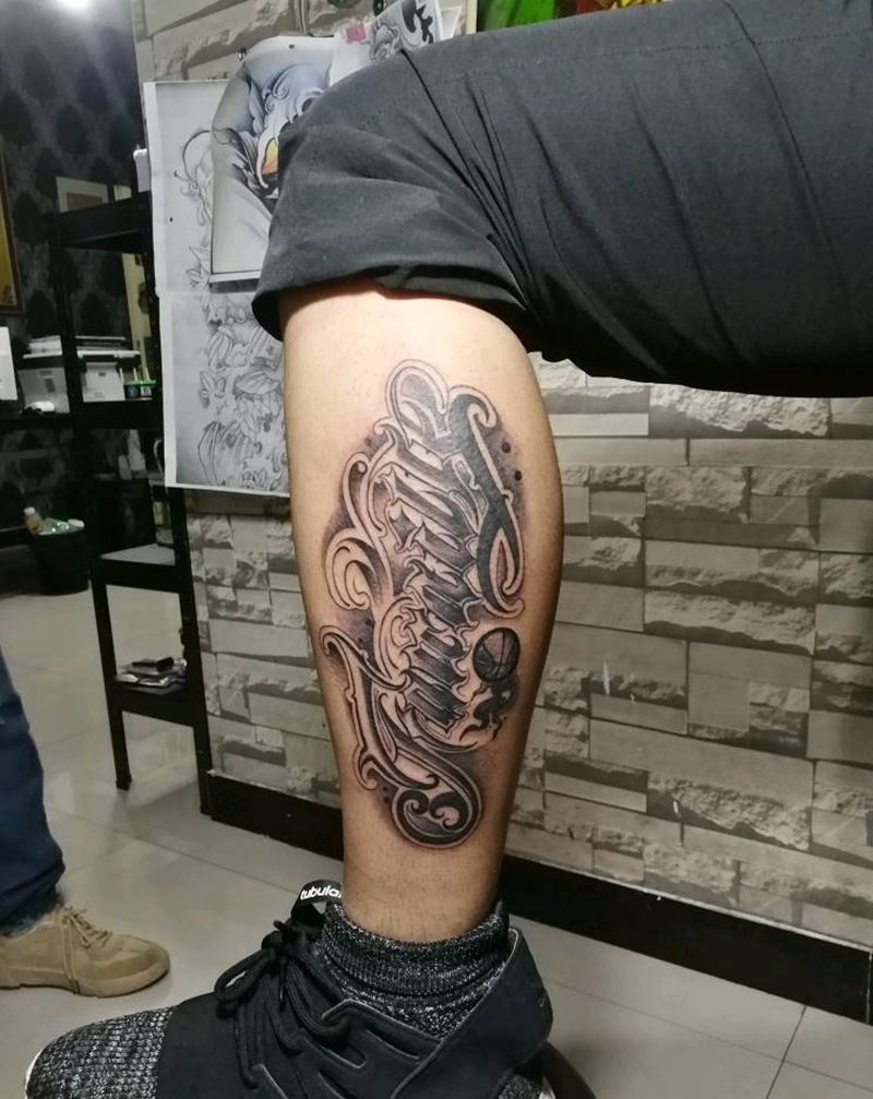 花体纹身图片_腿部花体字纹身图案