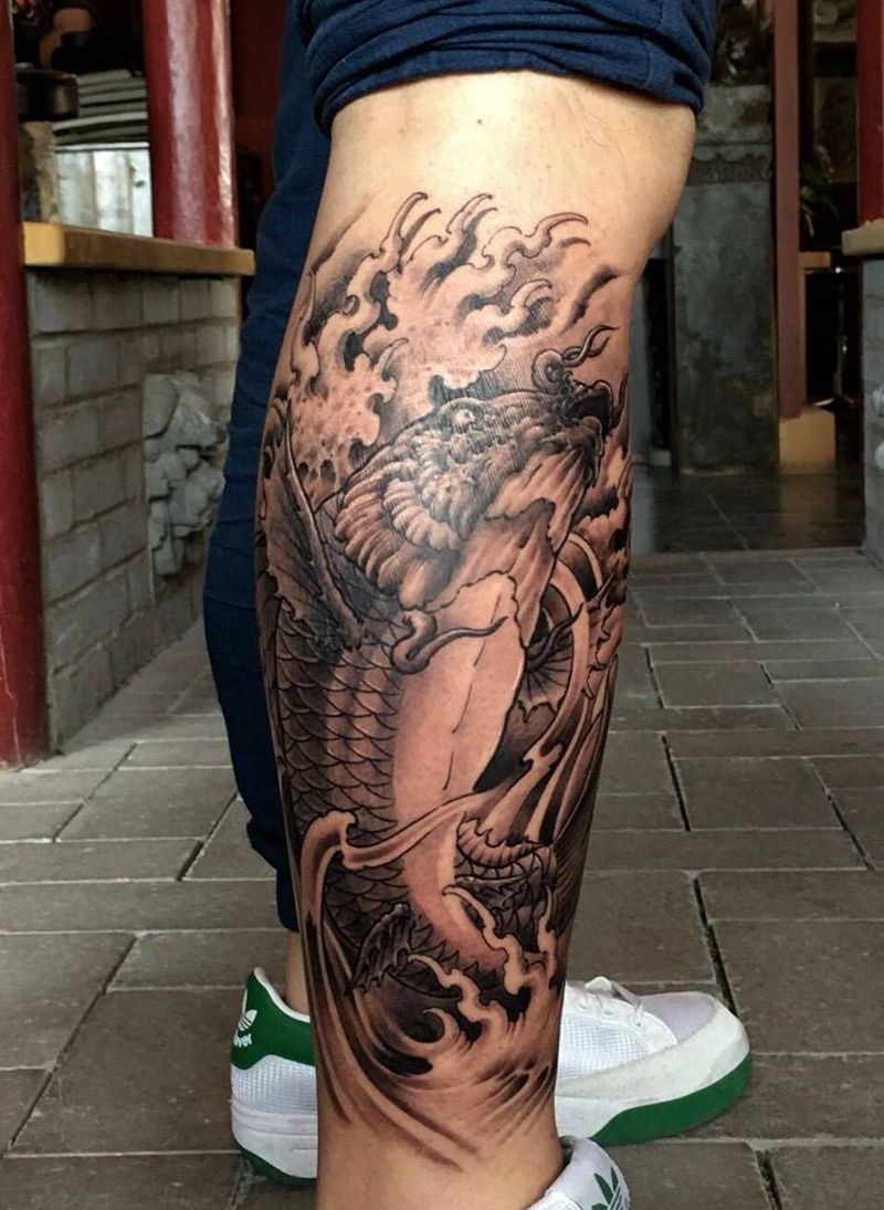 鱼。赤炎刺靳凯作品纹身图片_成品腿部传统写实国画清新动物原创静物纹身图案