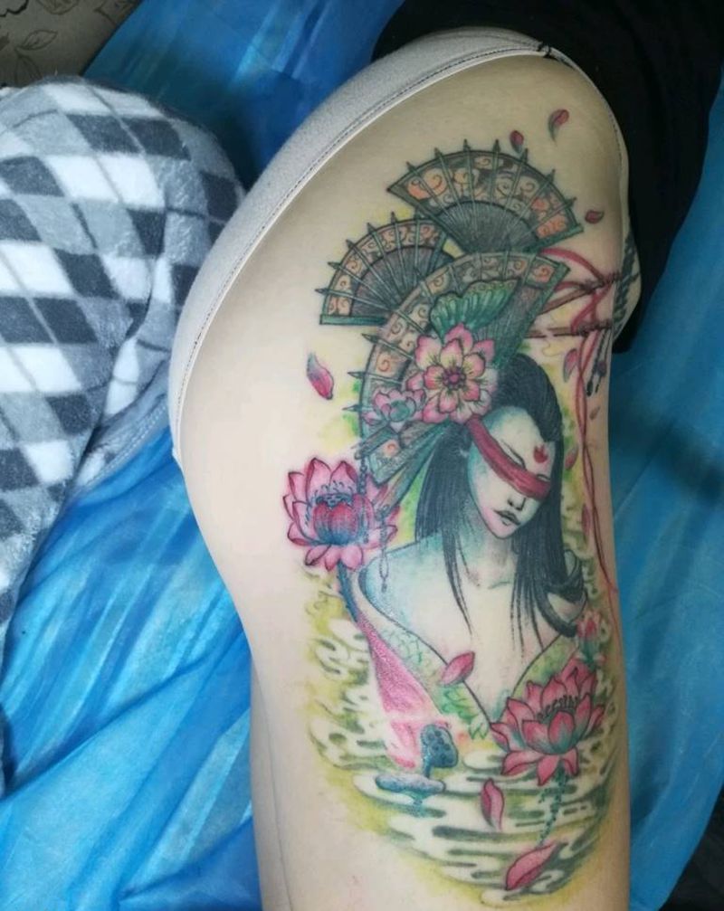 莲花仙子纹身图片_臀部传统人物原创成品纹身图案