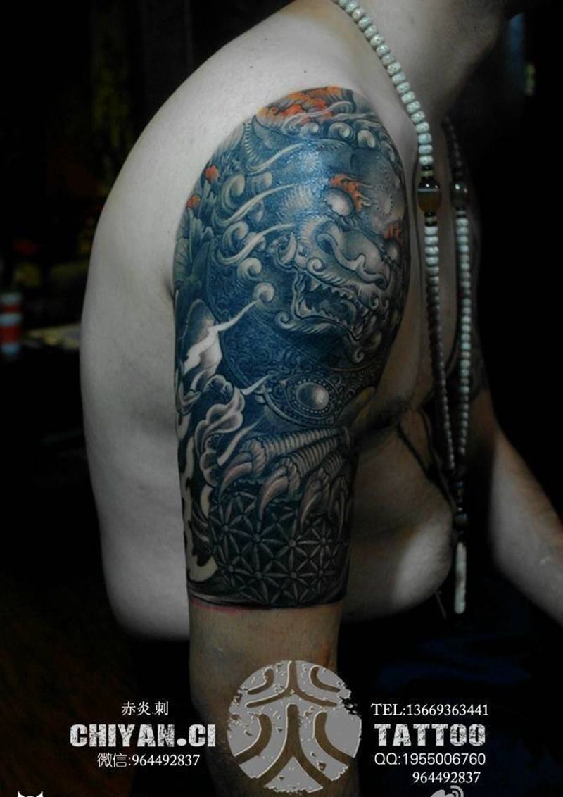 遮盖作品唐狮、牡丹大臂纹身图片_成品手臂手部传统写实国画动物鬼神宗教原创纹身图案