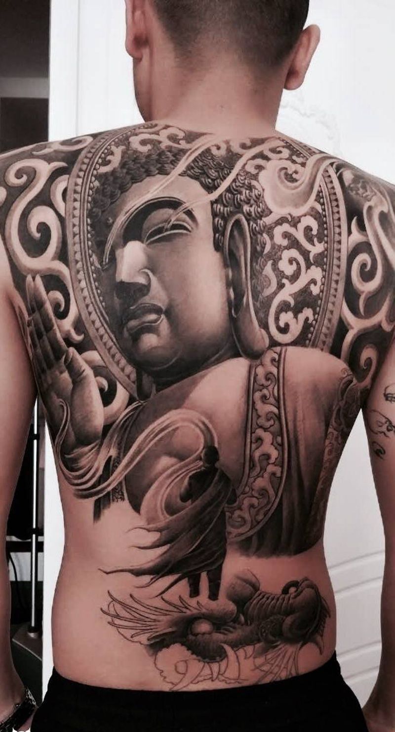 客人发来的买家秀，已恢复，未完成纹身图片_背部臀部肖像传统写实人物鬼神宗教原创纹身图案