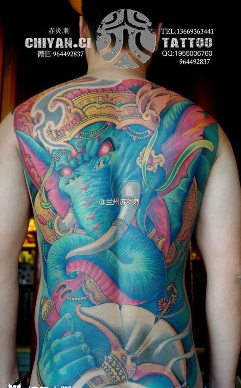 满背象神已恢复纹身图片_成品背部传统写实鬼神人物宗教原创动物纹身图案