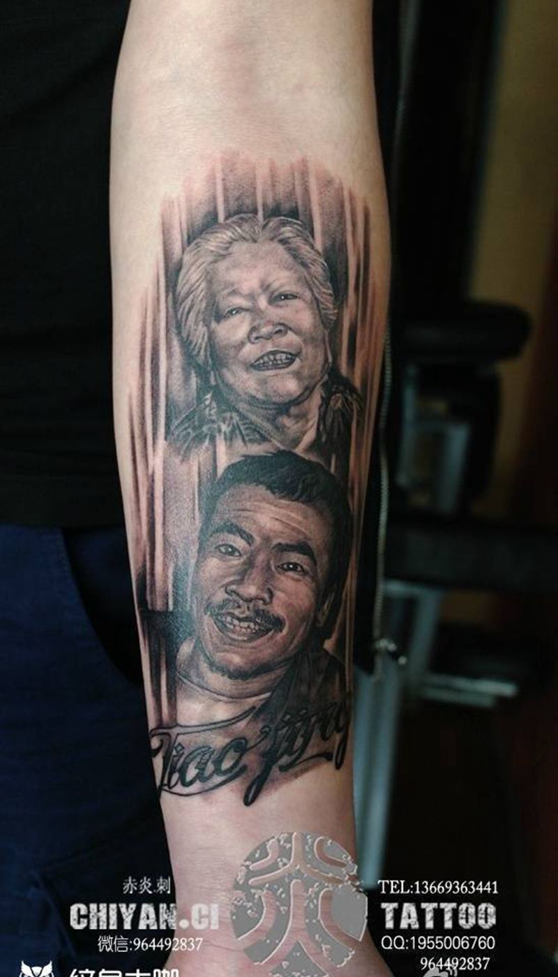 亲人、家庭纹身图片_成品欧美肖像写实手臂人物原创纹身图案