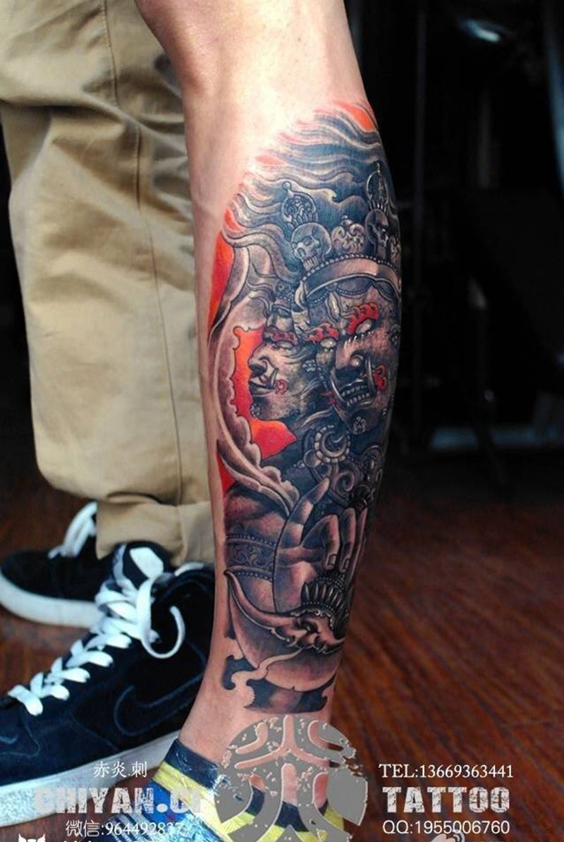 传统大黑天纹身图片_成品腿部传统写实人物鬼神宗教原创纹身图案
