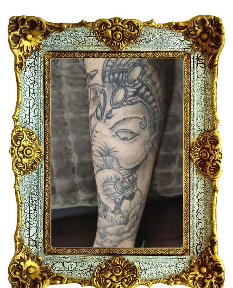 象神纹身图片_腿部传统象神纹身图案