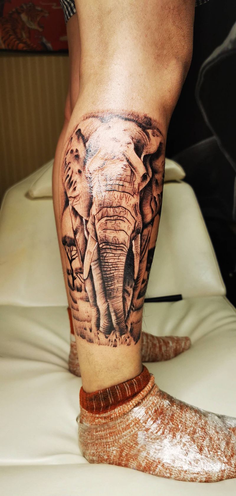 大象纹身图片_腿部纹身图案