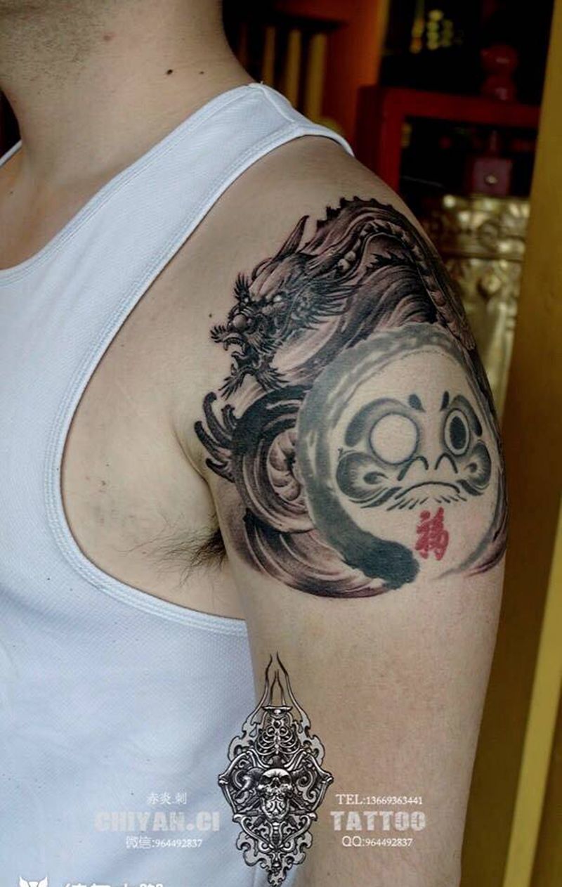 其他店旧图达摩添加龙，靳凯作品纹身图片_成品手臂传统鬼神宗教动物原创写实纹身图案