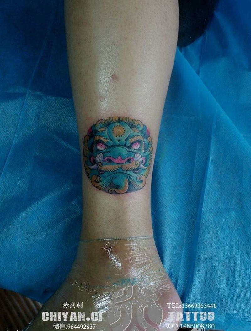 小唐狮纹身图片_腿部传统清新写实鬼神静物动物宗教原创纹身图案