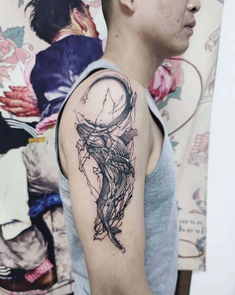 鲸鱼纹身图片_手臂水墨纹身图案