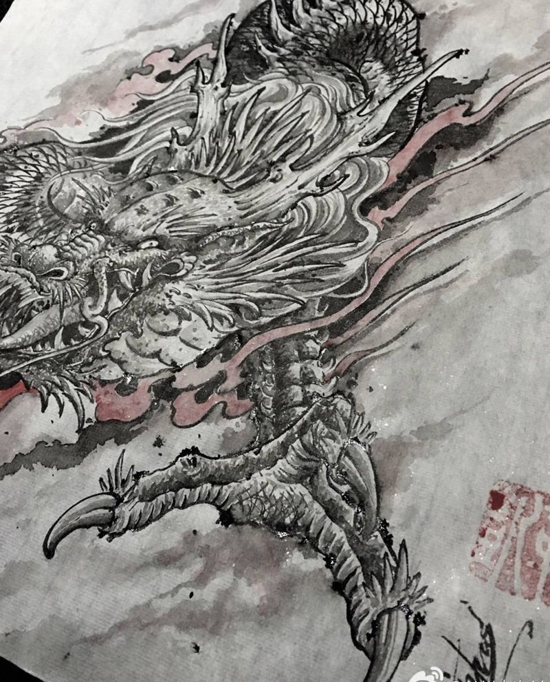 随性而作，水墨龙纹身图片_手稿鬼神宗教动物静物人物原创传统国画纹身图案