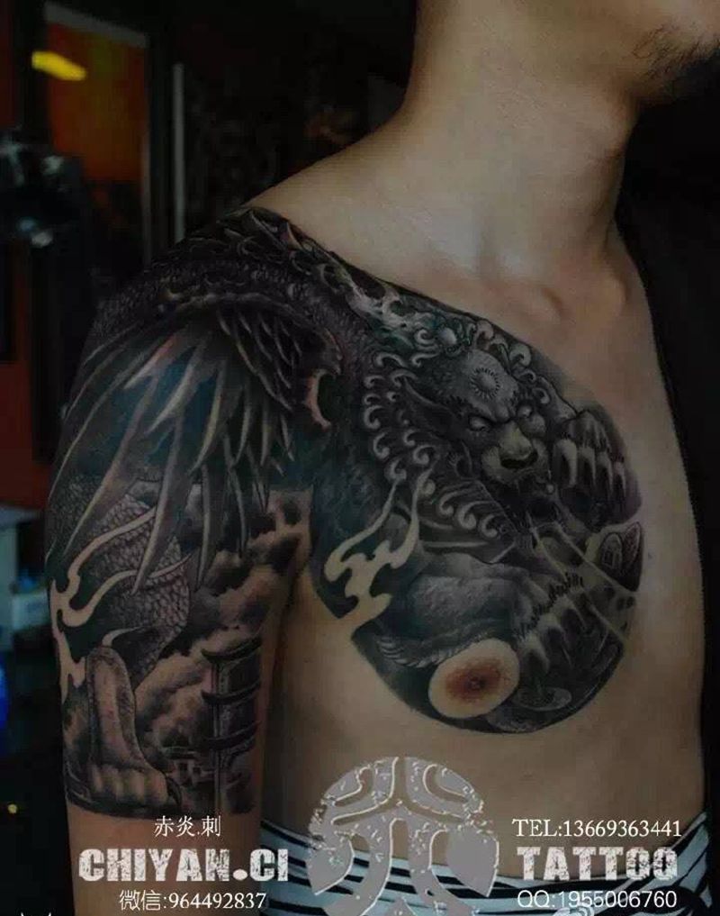 貔貅半胛，靳凯作品纹身图片_传统成品胸部手臂鬼神原创动物宗教纹身图案
