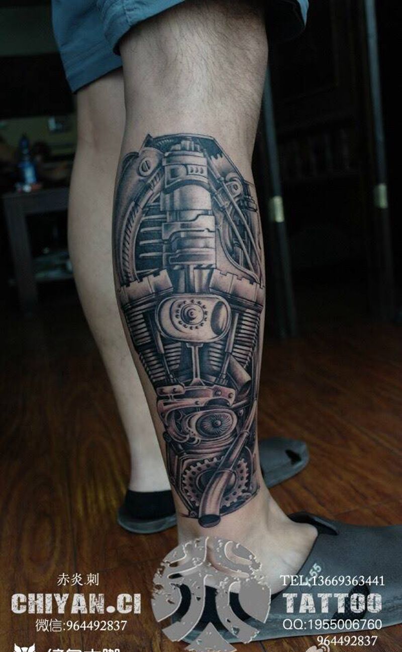 机械小腿，完成一侧纹身图片_成品腿部欧美写实原创静物纹身图案