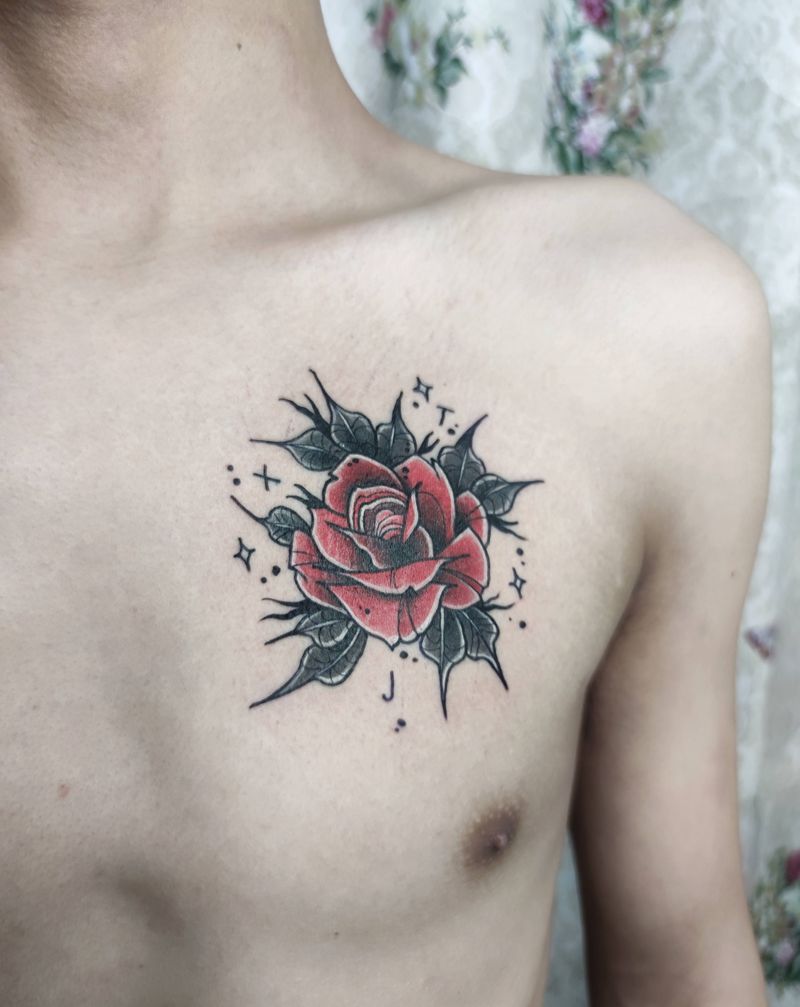 胸口玫瑰纹身图片_胸部Old School纹身图案