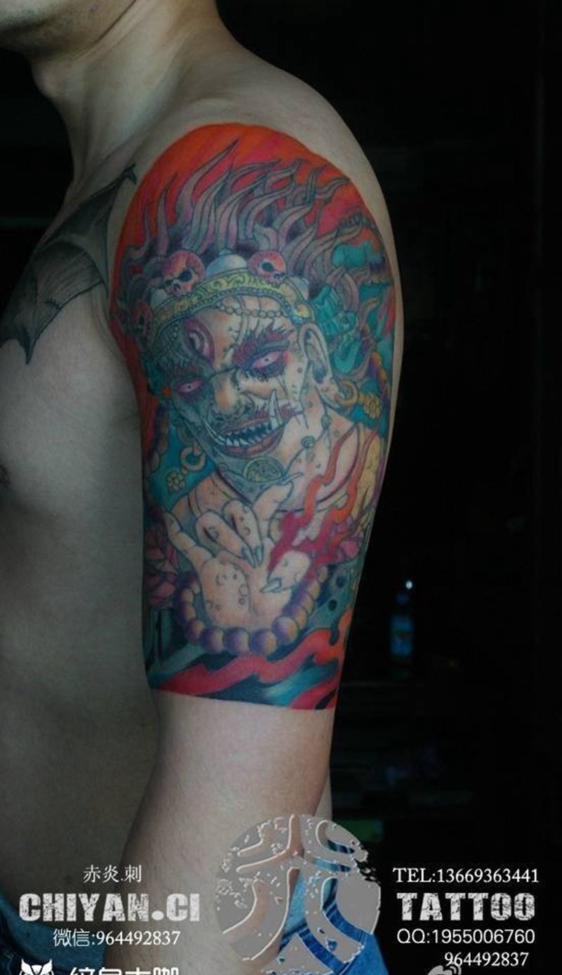 丧版护法纹身图片_成品手臂传统国画写实人物鬼神静物宗教原创纹身图案