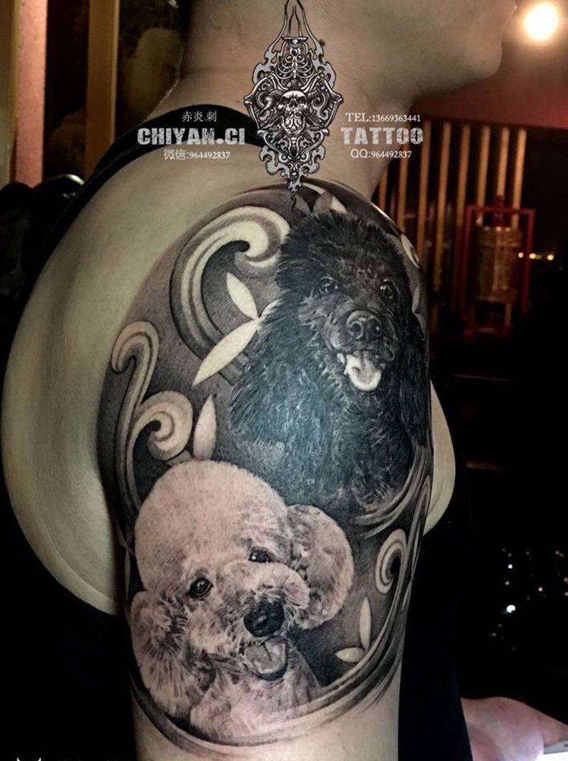 客人的两只狗狗。靳凯作品纹身图片_成品手臂写实欧美肖像动物原创纹身图案