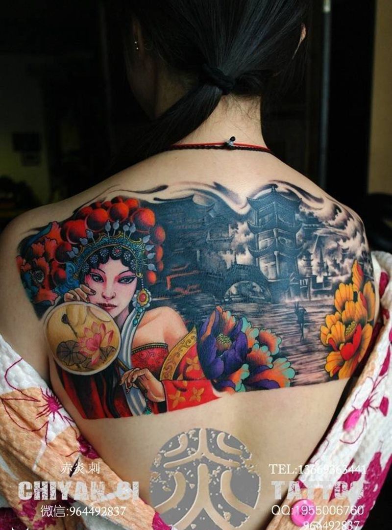 花旦遮盖，靳凯作品纹身图片_成品原创人物传统肩部背部写实国画纹身图案
