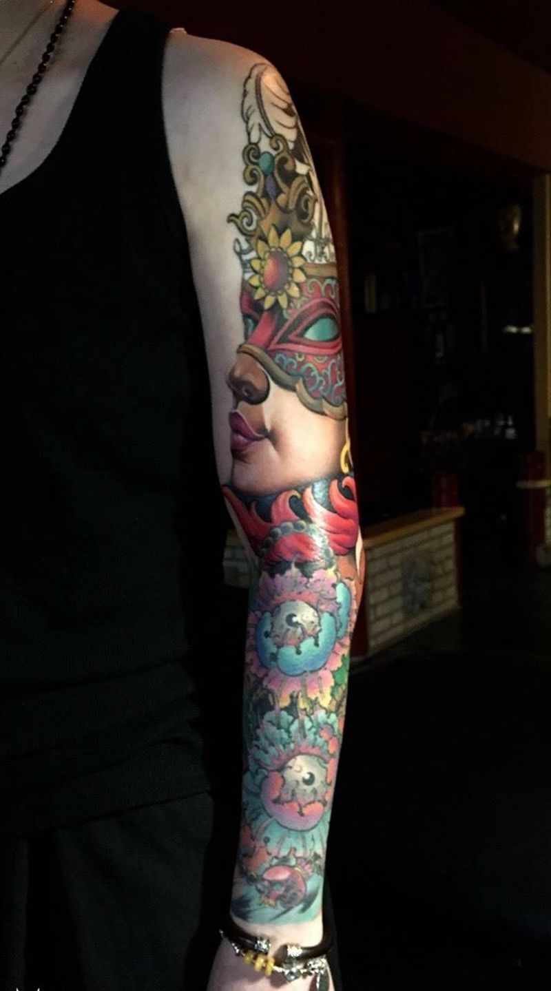 未完成，小臂恢复好。靳凯作品纹身图片_手臂欧美写实New School原创面具眼球纹身图案