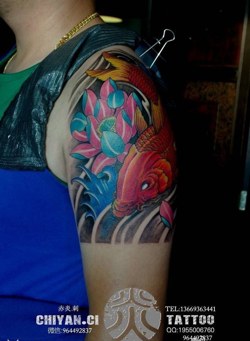 彩色锦鲤纹身图片_成品手臂国画写实传统静物宗教原创纹身图案