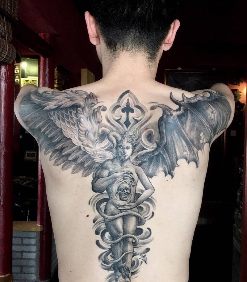 一念间，已恢复好，靳凯作品纹身图片_肩部背部欧美写实人物宗教鬼神原创纹身图案