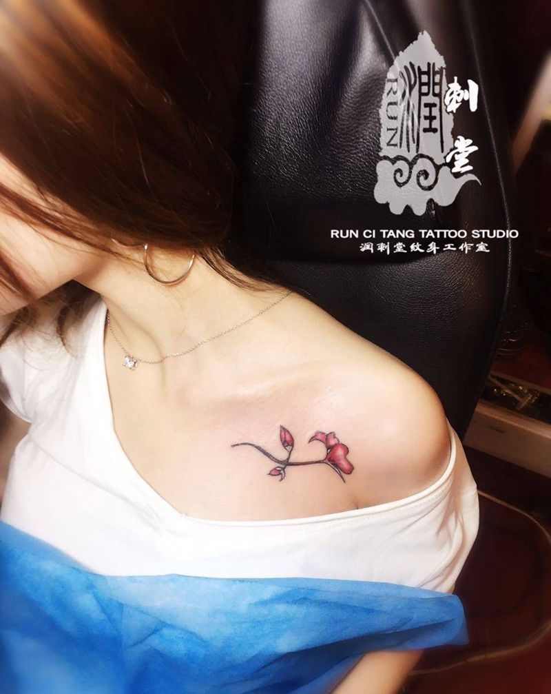 润刺青出品#旧图修改#纹身图片_成品颈部清新植物纹身图案