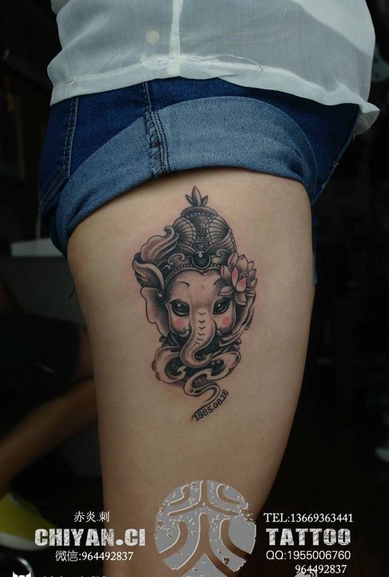 小象也是萌萌哒纹身图片_腿部成品清新静物动物纹身图案