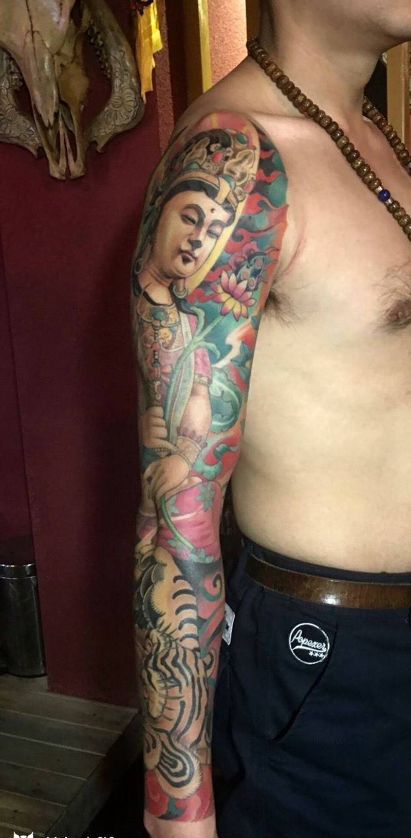 花臂已恢复，靳凯作品纹身图片_成品手臂传统写实人物鬼神原创宗教纹身图案