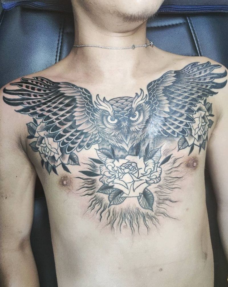 花胸遮盖纹身图片_胸部Old School纹身图案