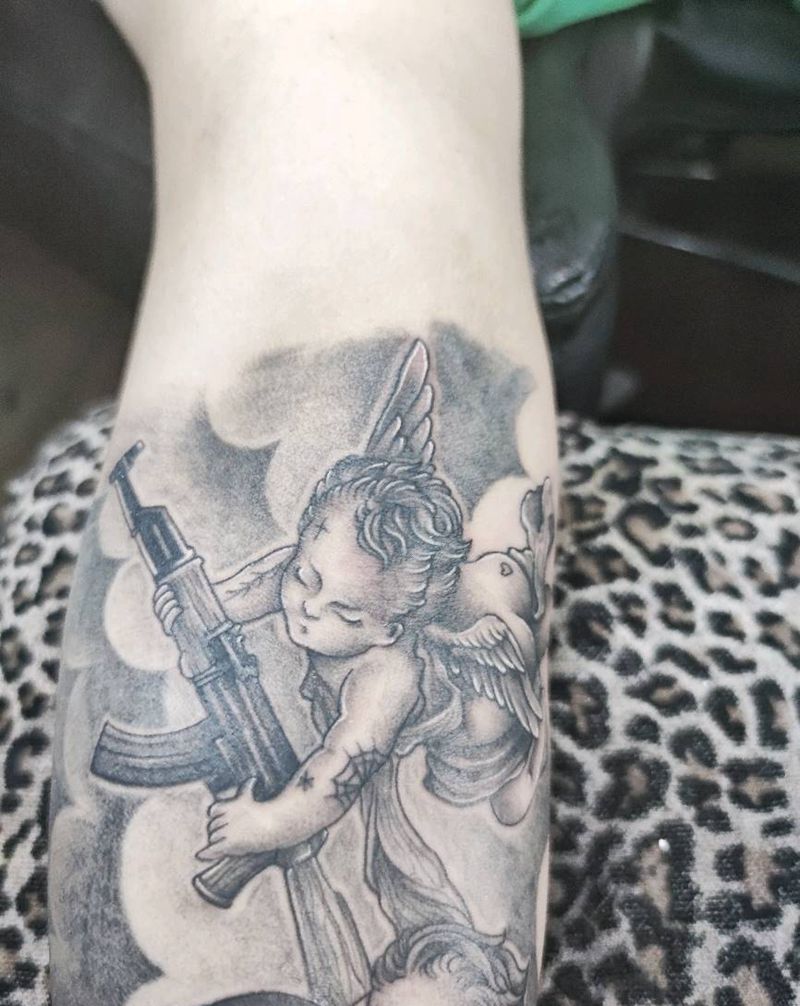 天使包小臂未完成纹身图片_手臂点刺纹身图案