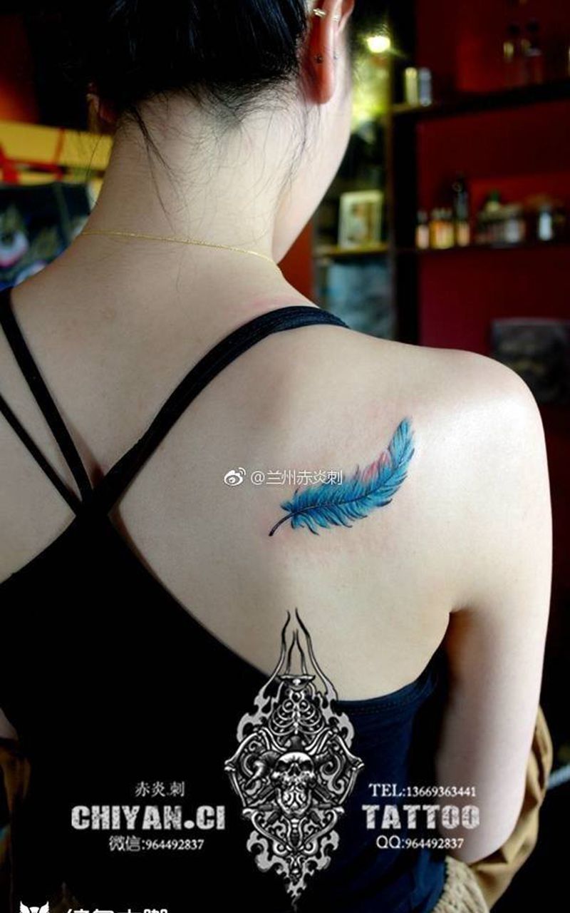 小作品。羽毛纹身图片_成品背部清新写实静物原创纹身图案