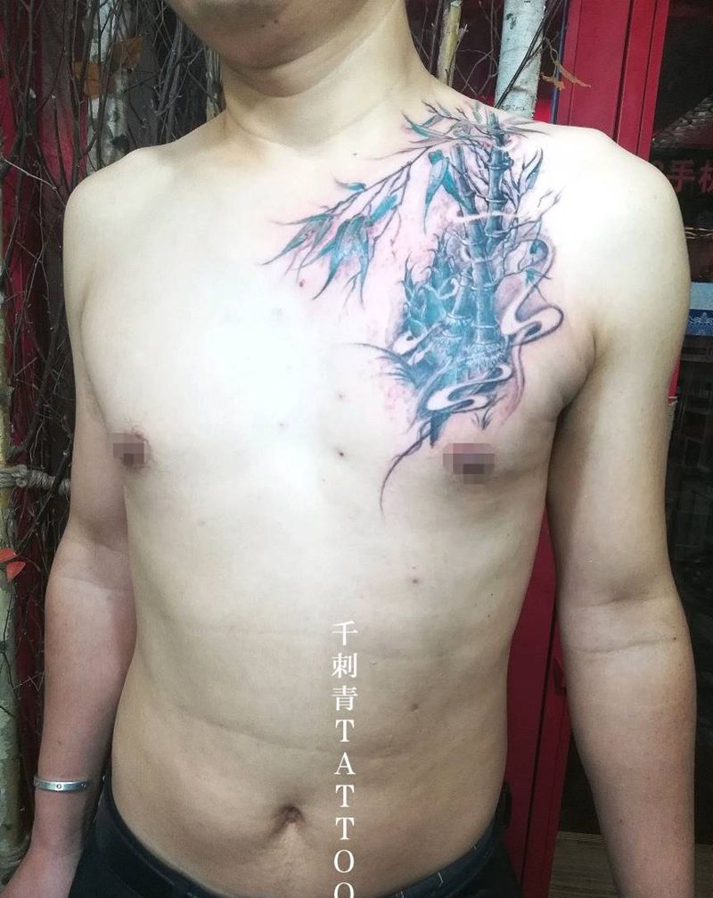 兄有成竹纹身图片_胸部新传统水墨纹身图案