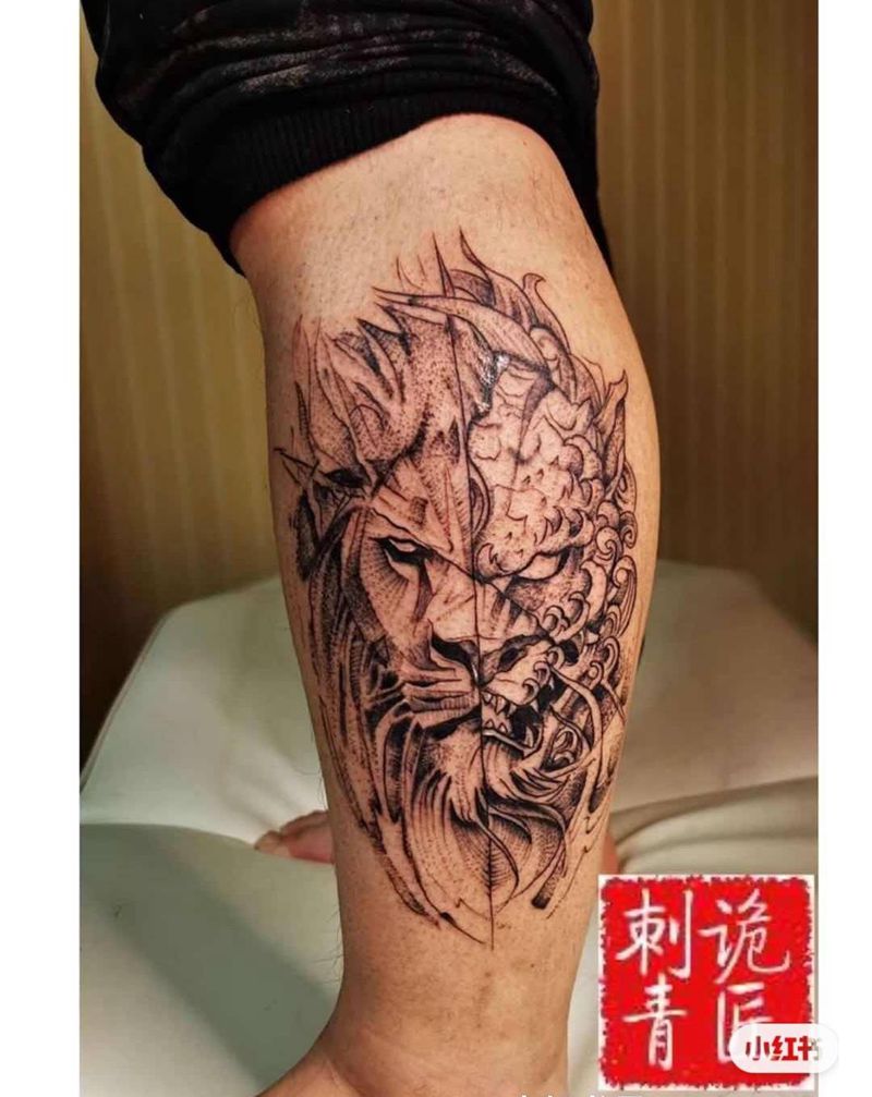 狮兽纹身图片_腿部点刺纹身图案