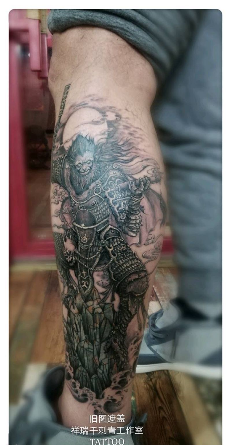 旧图遮盖~斗战胜佛悟空纹身图片_腿部新传统旧图遮盖纹身图案