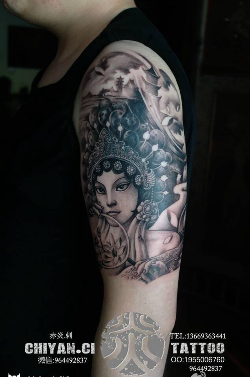 花旦.遮盖纹身图片_成品手臂传统清新肖像国画人物纹身图案