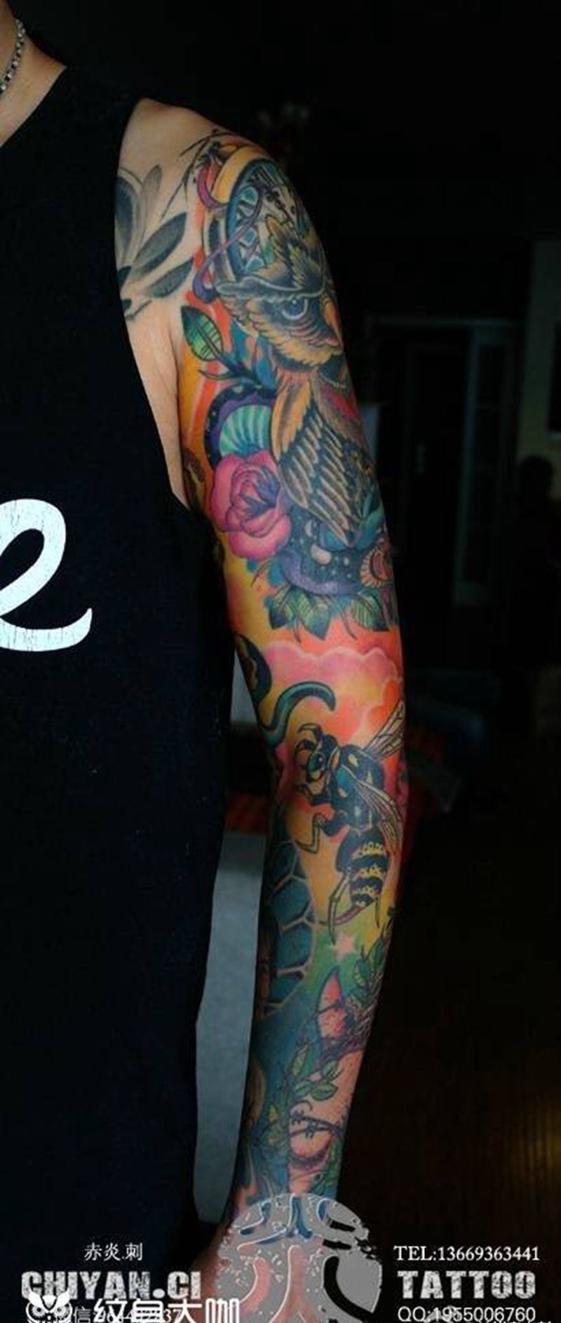 花臂纹身图片_人物动物植物欧美写实清新肖像成品手臂纹身图案