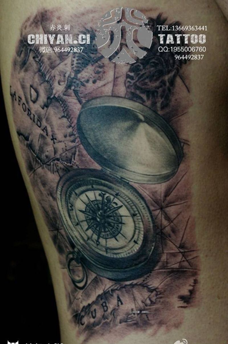 指南针、航海图纹身图片_成品腰部欧美写实静物原创纹身图案