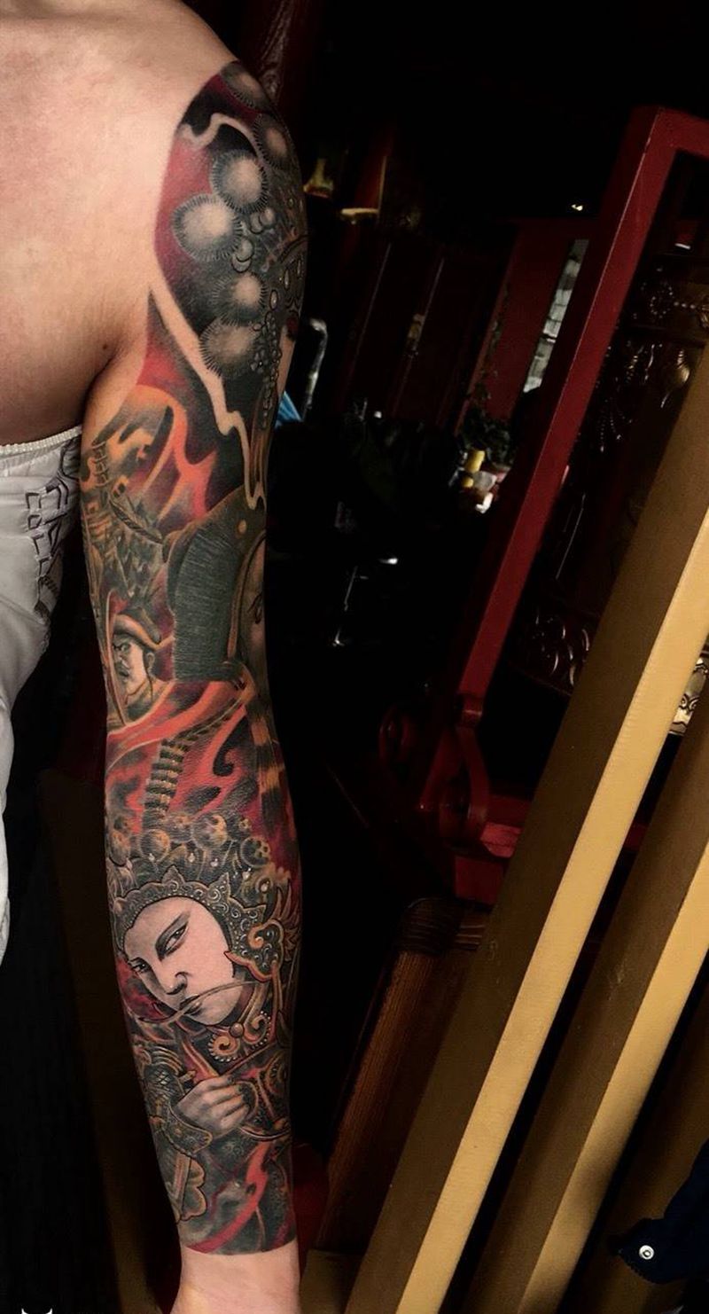 四年前黑白作品加彩，靳凯作品纹身图片_成品手臂传统肖像写实鬼神人物原创纹身图案