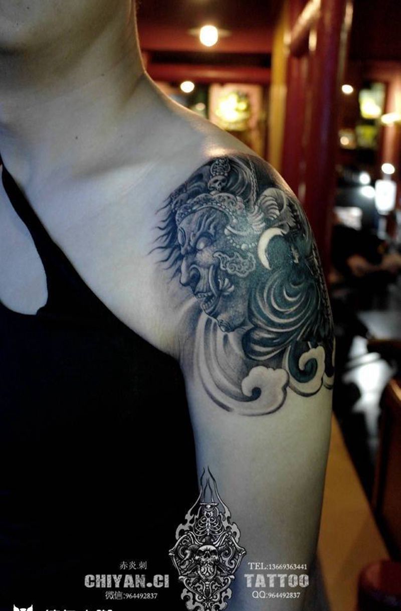 遮盖，靳凯作品纹身图片_成品手臂鬼神原创传统遮盖纹身图案