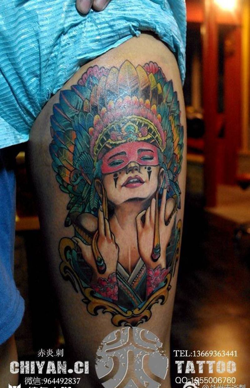 修改作品纹身图片_成品腿部清新欧美人物宗教图腾纹身图案