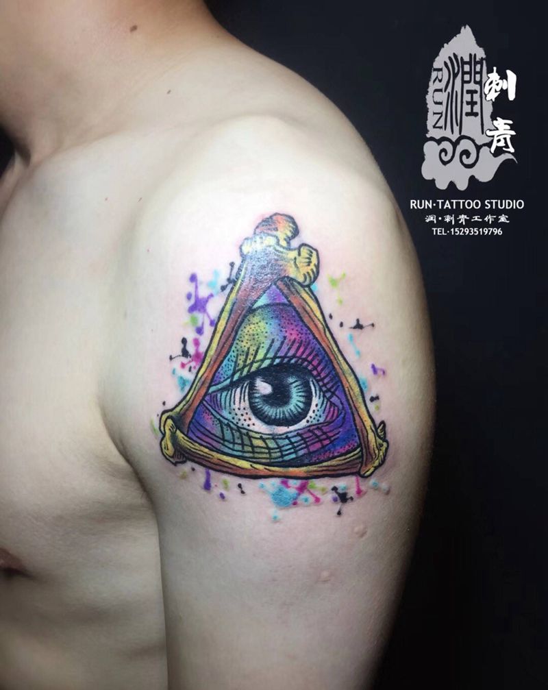 眼睛遮盖纹身图片_成品手臂欧美几何字符原创纹身图案