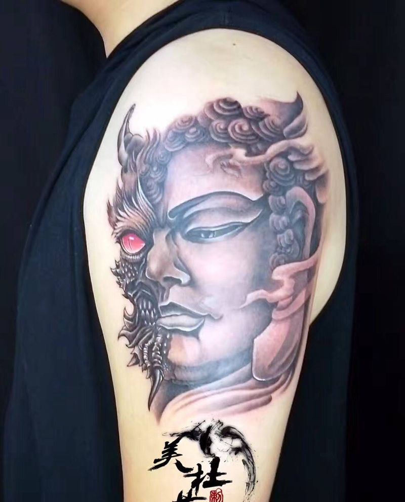 一念之间。纹身图片_成品手臂传统鬼神原创纹身图案