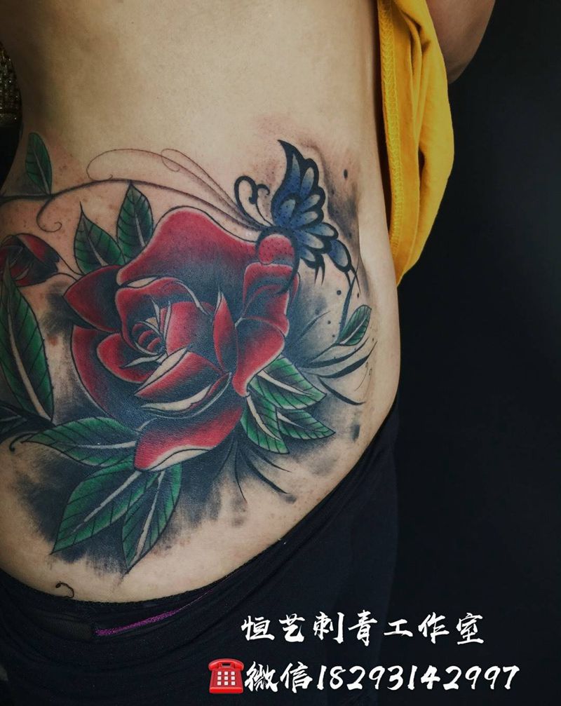 重彩玫瑰遮盖斑点疤痕纹身图片