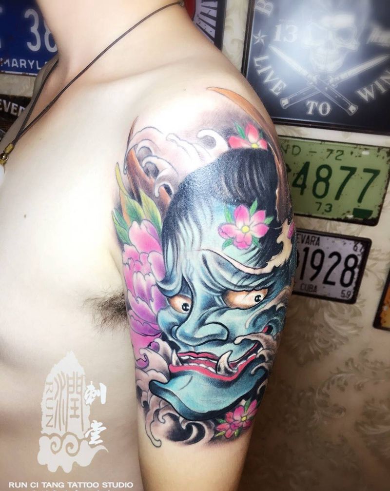 润刺青出品#般若#纹身图片_成品手臂手部传统人物鬼神宗教纹身图案