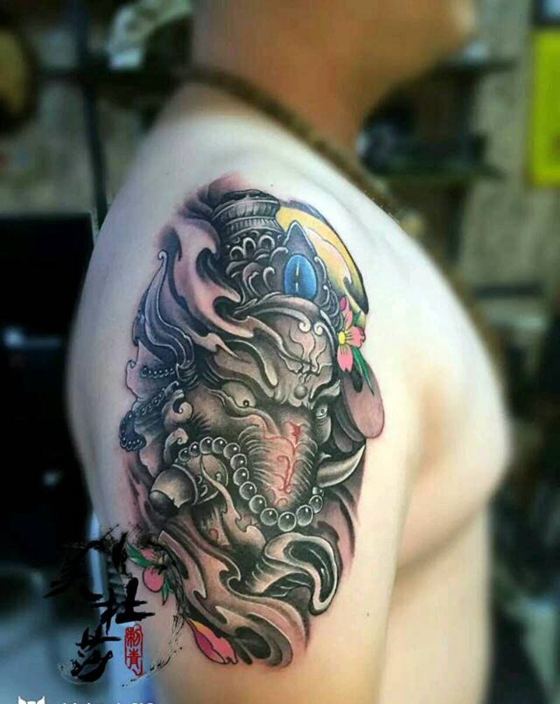象神纹身图片_肩部手臂传统鬼神生活成品纹身图案
