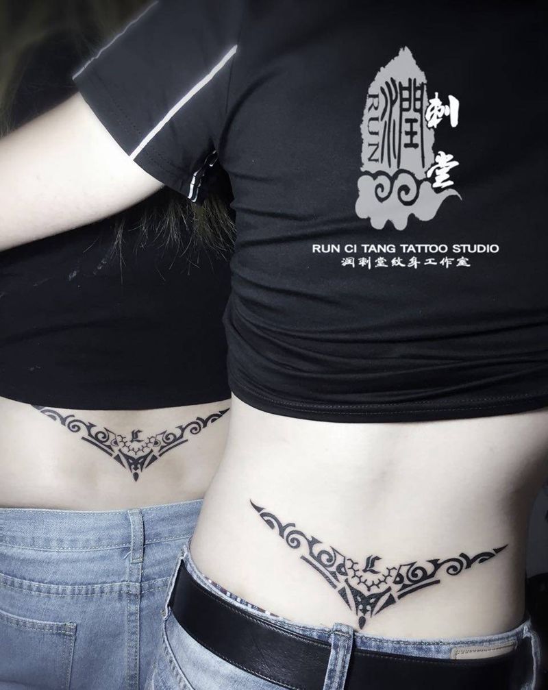 润刺青出品#情侣图腾#纹身图片_成品背部腰部欧美字符情侣纹身图案
