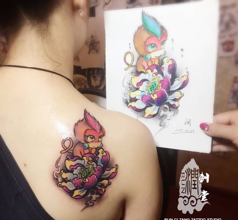 润刺青出品#小猴子#纹身图片_成品背部肩部传统清新人物动物植物原创纹身图案