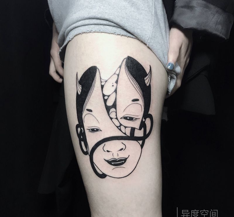 日式暗黑风面具纹身图片_腿部老传统面具日式暗黑纹身图案