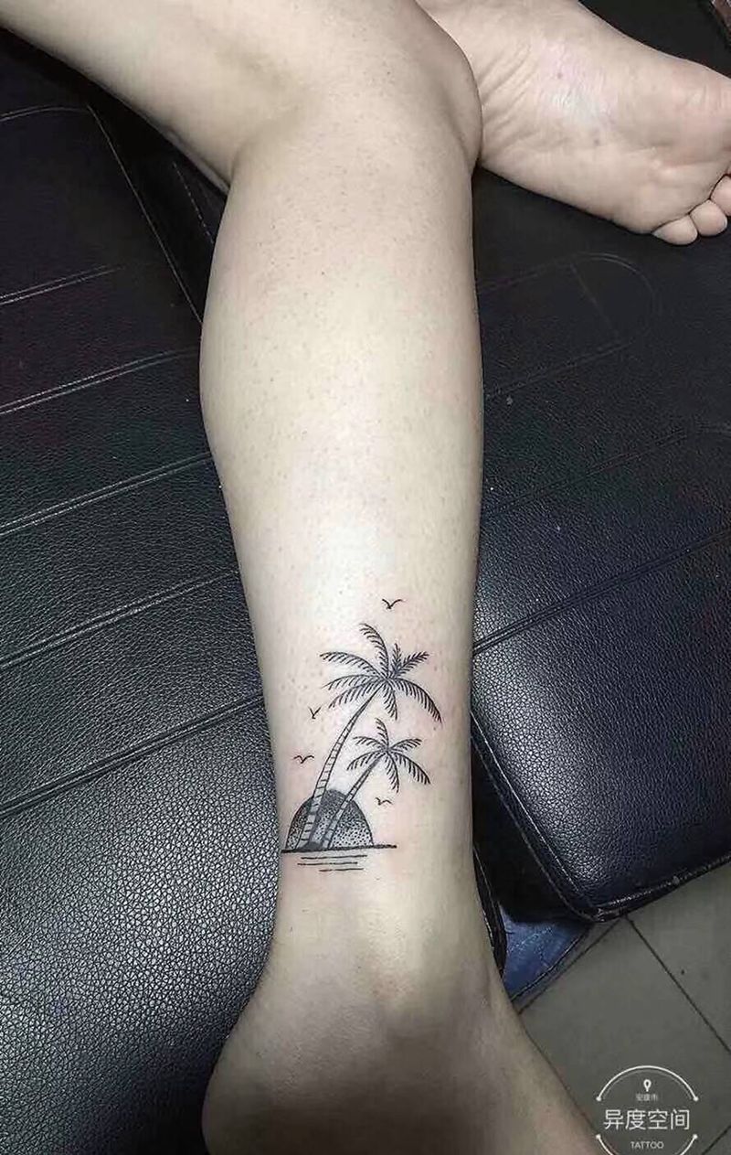 遮盖作品纹身图片_腿部手部点刺椰树点刺小清新纹身图案