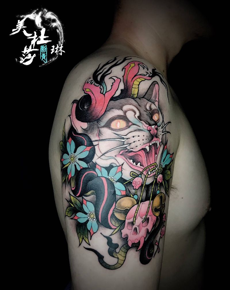 猫咪纹身图片_手臂New School纹身图案